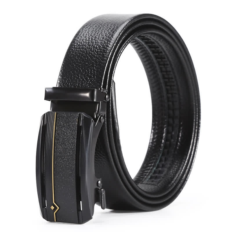 Cinturón de cuero con hebilla automática y línea dorada negra completa para hombre