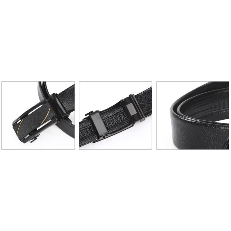 Cinturón de cuero con hebilla automática y línea dorada negra completa para hombre