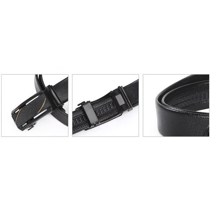 Cinturón de cuero con hebilla automática y línea dorada negra completa para hombre