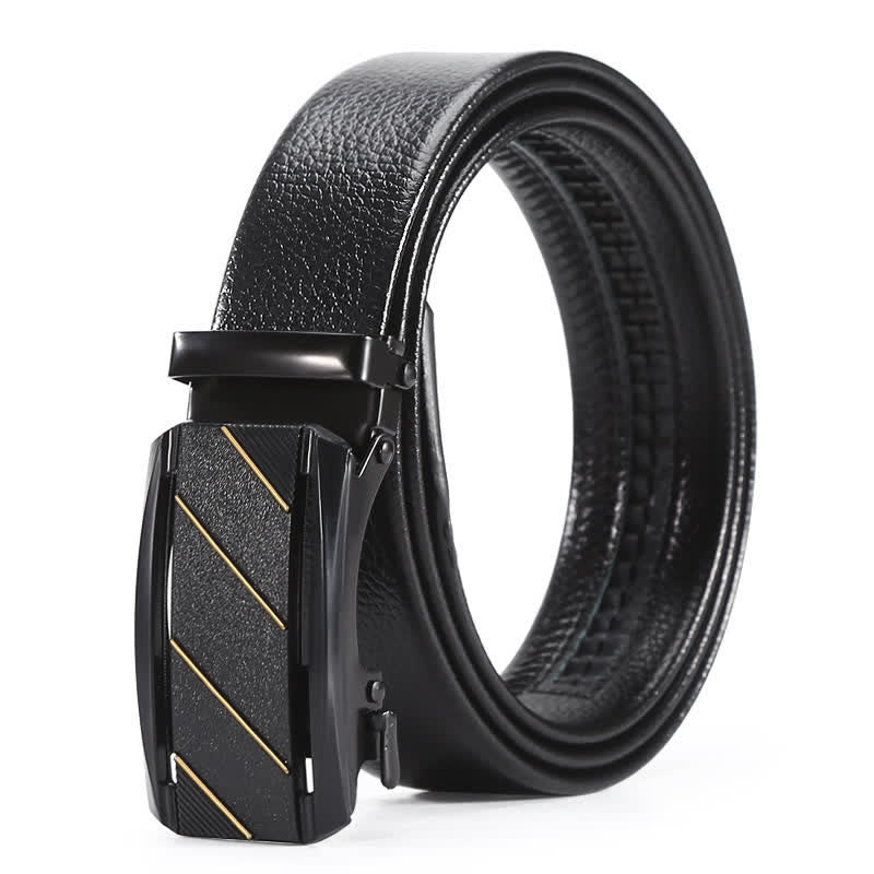 Cinturón de cuero con hebilla automática y línea dorada negra completa para hombre