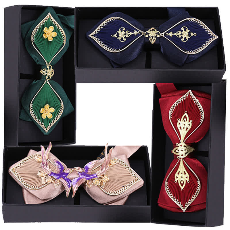 Pajarita de boda para hombre con diseño de pájaro y rama floral dorada