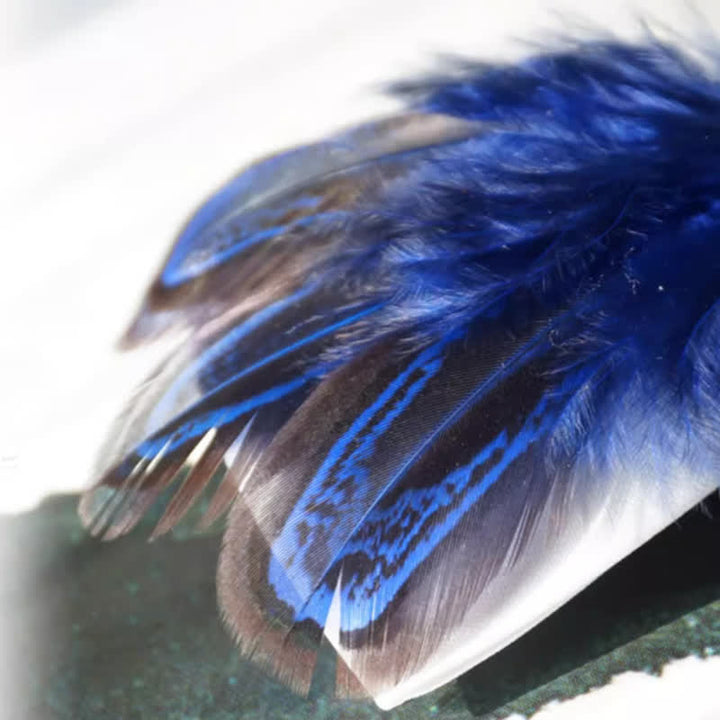 Pajarita con plumas de pájaro en azul marino y blanco puro