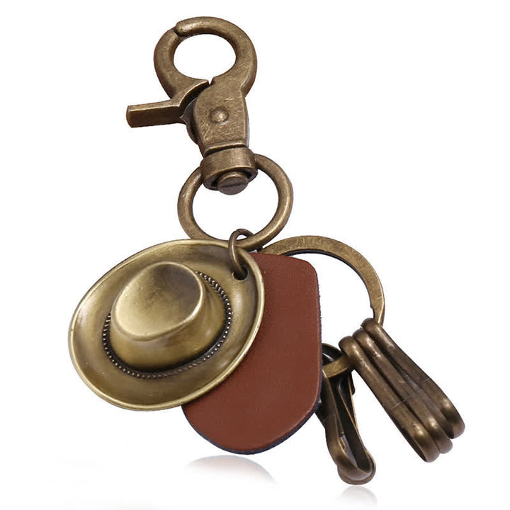 Llavero de cuero con sombrero de vaquero de bronce antiguo retro