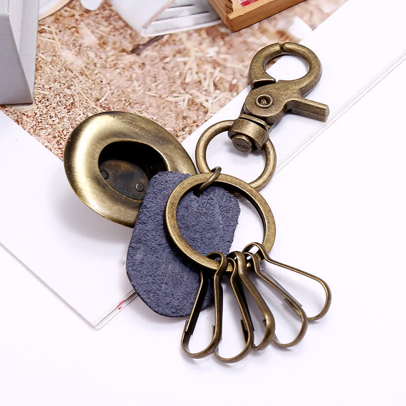 Llavero de cuero con sombrero de vaquero de bronce antiguo retro