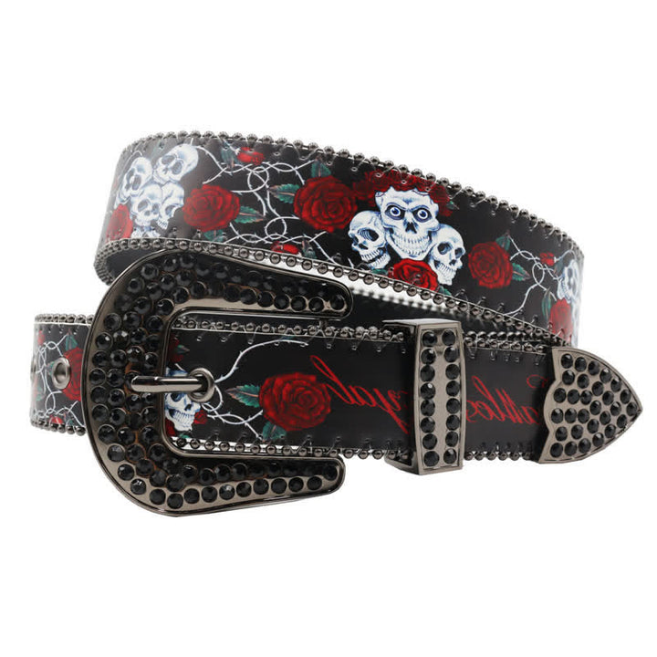 Cinturón de cuero con estampado de rosas y esqueleto con diamantes de imitación góticos