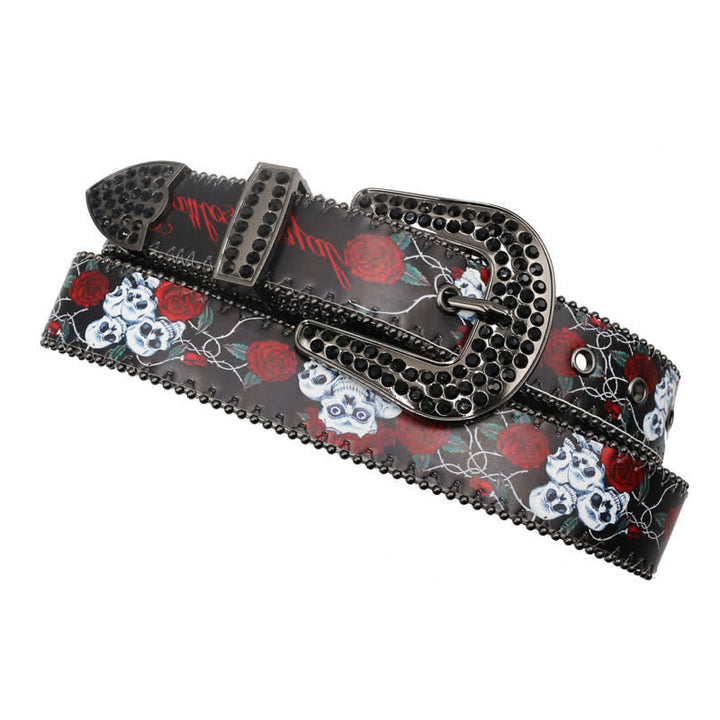 Cinturón de cuero con estampado de rosas y esqueleto con diamantes de imitación góticos