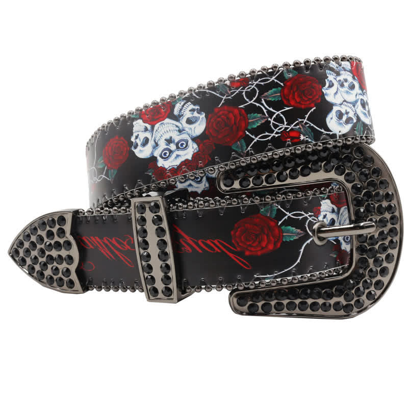 Cinturón de cuero con estampado de rosas y esqueleto con diamantes de imitación góticos