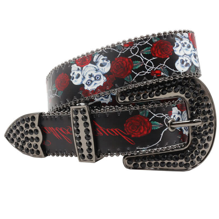 Cinturón de cuero con estampado de rosas y esqueleto con diamantes de imitación góticos