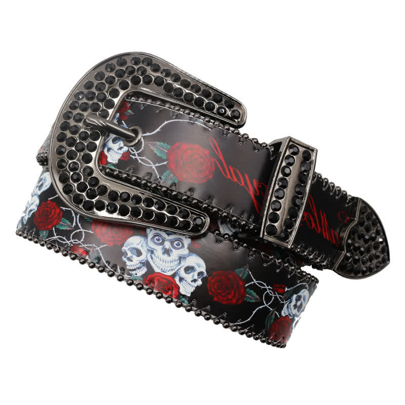 Cinturón de cuero con estampado de rosas y esqueleto con diamantes de imitación góticos