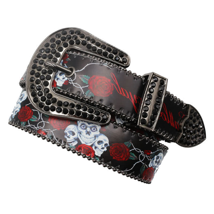 Cinturón de cuero con estampado de rosas y esqueleto con diamantes de imitación góticos