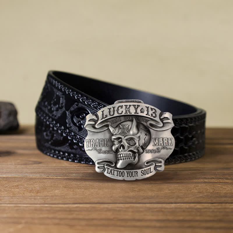 Cinturón de cuero con 13 hebillas de la suerte del rey de los tontos para hombre, hecho a mano