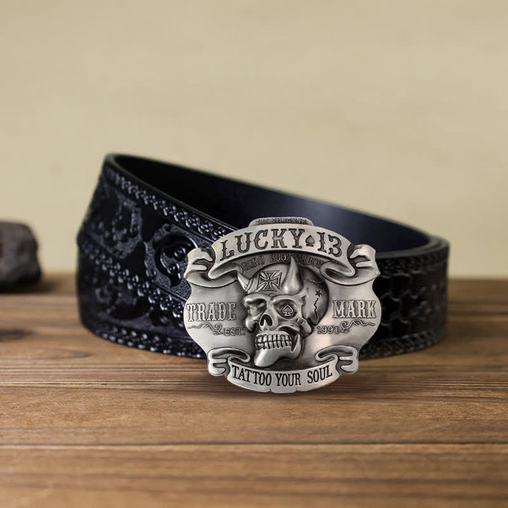 Cinturón de cuero con 13 hebillas de la suerte del rey de los tontos para hombre, hecho a mano