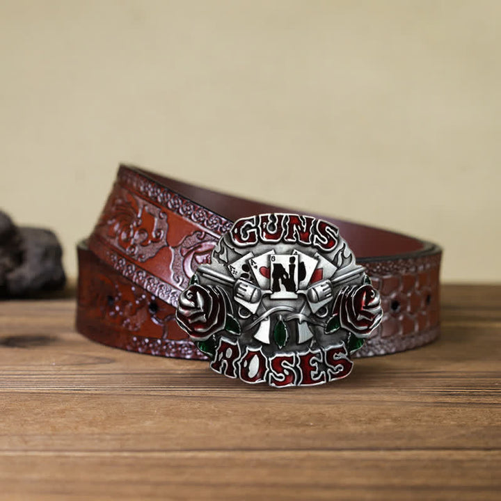 Cinturón de cuero con hebilla doble Guns Roses para hombre hecho a mano