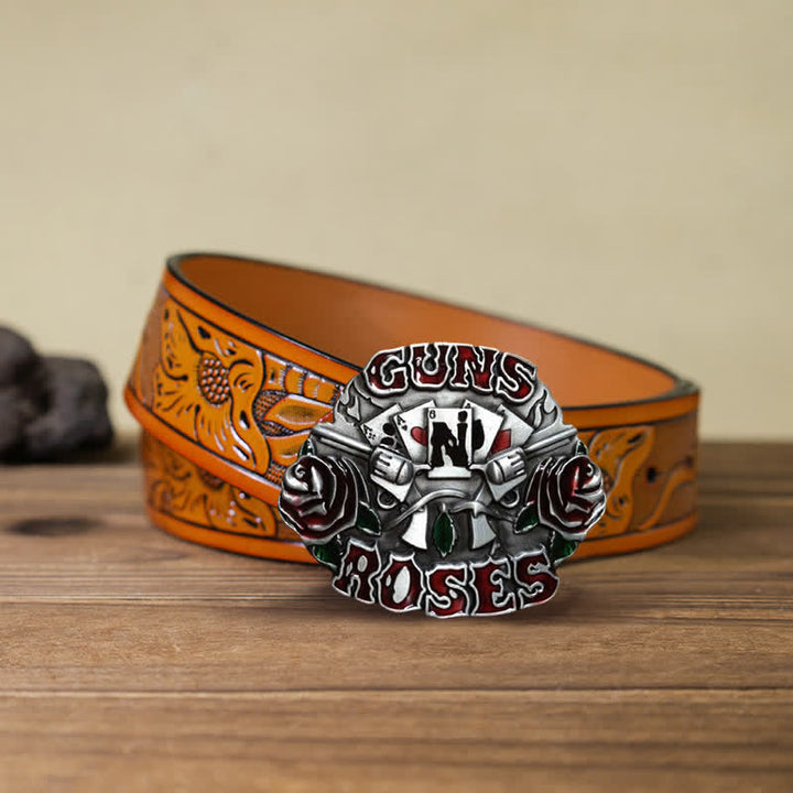 Cinturón de cuero con hebilla doble Guns Roses para hombre hecho a mano