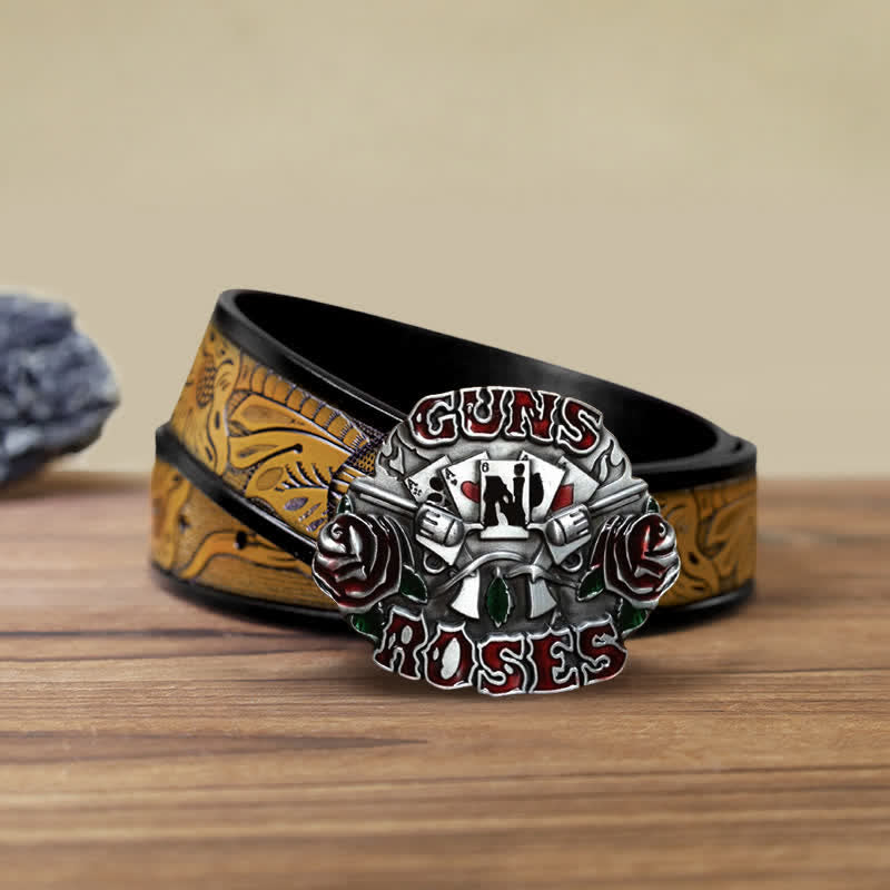 Cinturón de cuero con hebilla doble Guns Roses para hombre hecho a mano