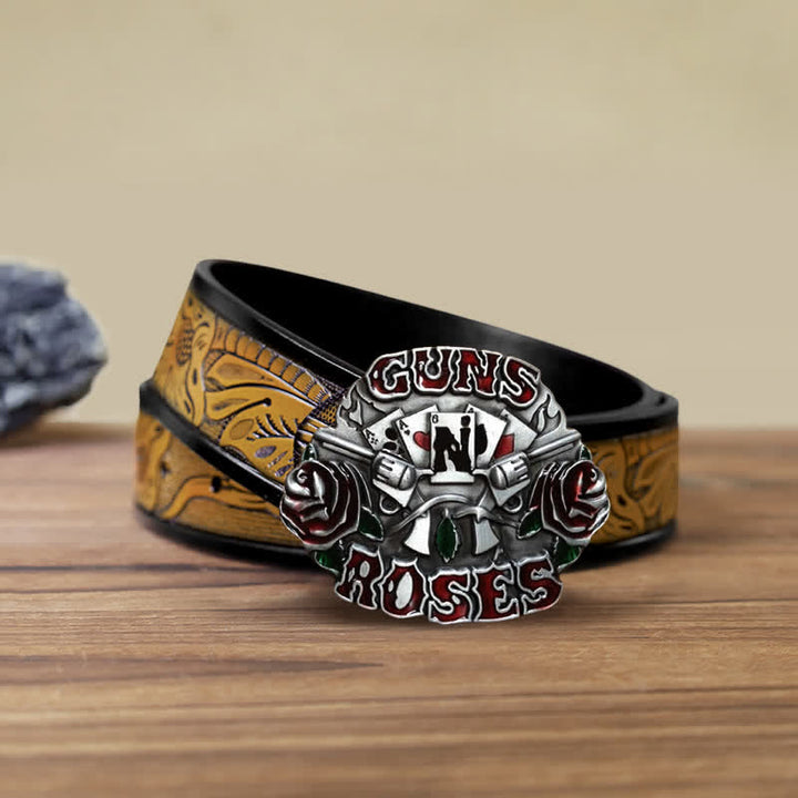 Cinturón de cuero con hebilla doble Guns Roses para hombre hecho a mano