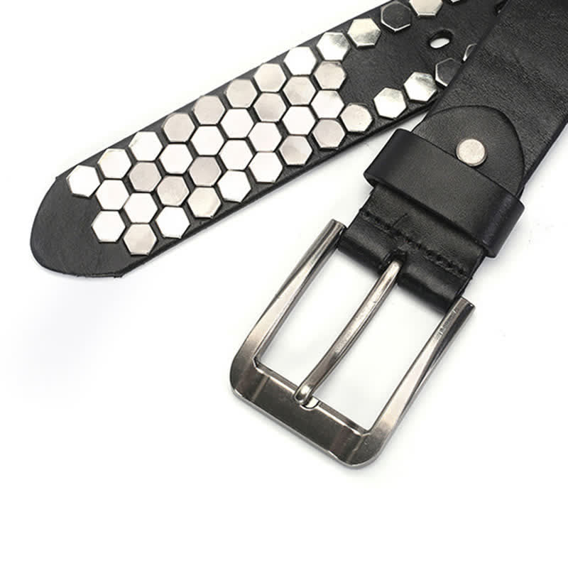 Cinturón unisex de cuero con tachuelas y remaches hexagonales