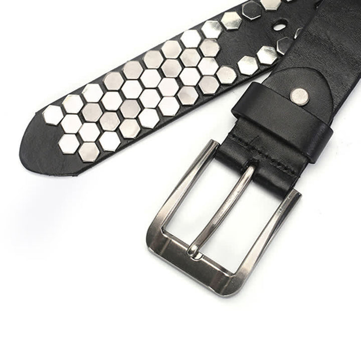 Cinturón unisex de cuero con tachuelas y remaches hexagonales