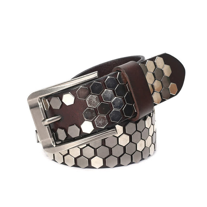 Cinturón unisex de cuero con tachuelas y remaches hexagonales