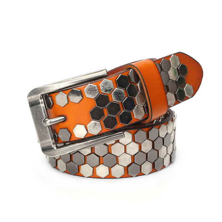Cinturón unisex de cuero con tachuelas y remaches hexagonales