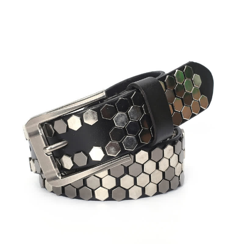 Cinturón unisex de cuero con tachuelas y remaches hexagonales