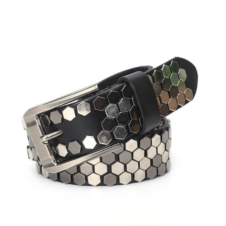 Cinturón unisex de cuero con tachuelas y remaches hexagonales