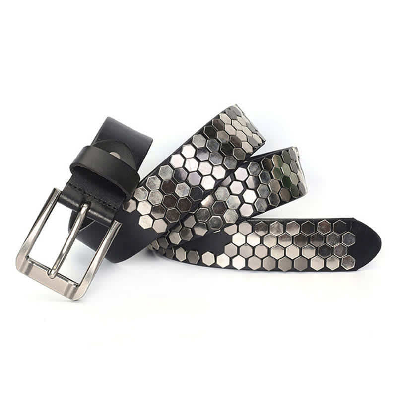 Cinturón unisex de cuero con tachuelas y remaches hexagonales