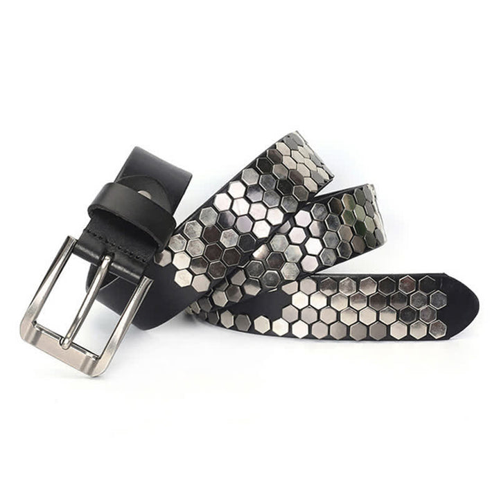 Cinturón unisex de cuero con tachuelas y remaches hexagonales