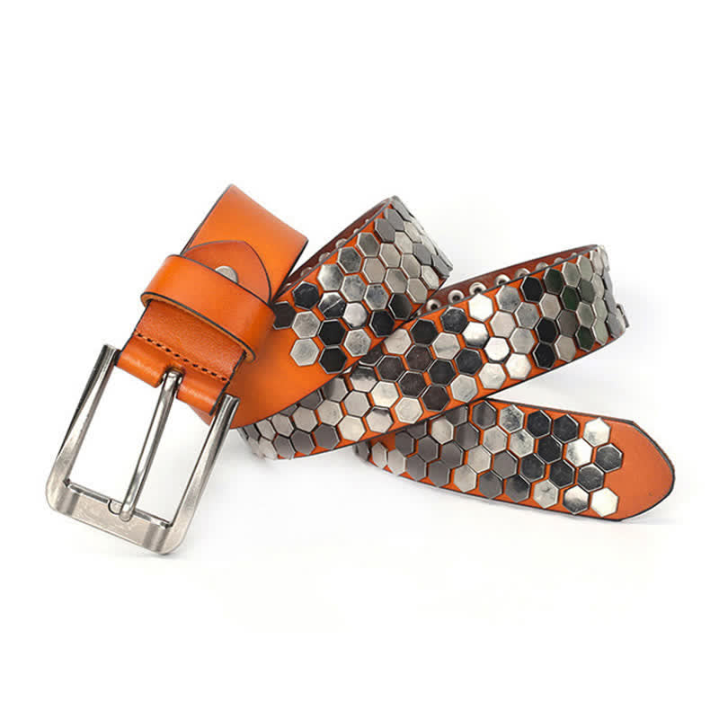 Cinturón unisex de cuero con tachuelas y remaches hexagonales