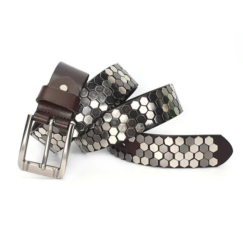 Cinturón unisex de cuero con tachuelas y remaches hexagonales