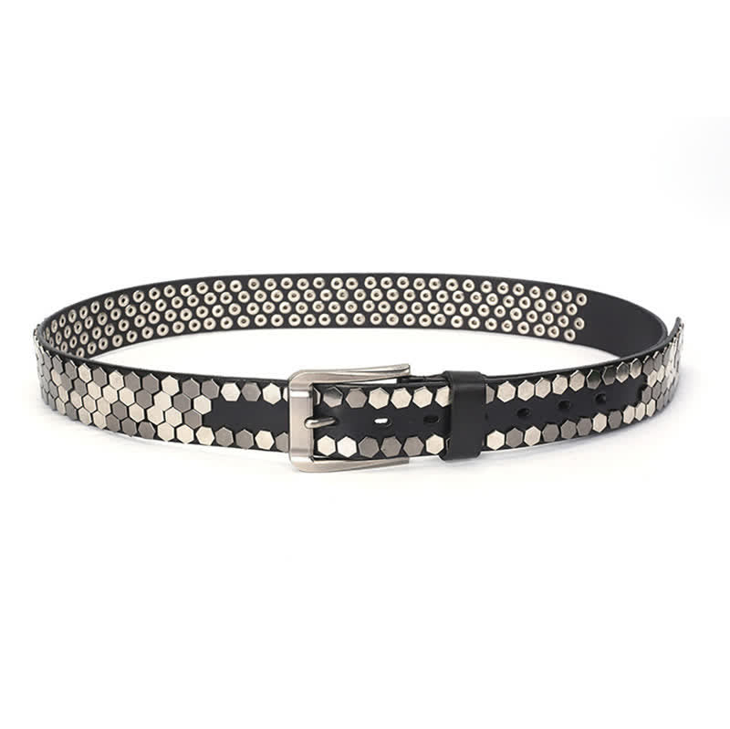 Cinturón unisex de cuero con tachuelas y remaches hexagonales