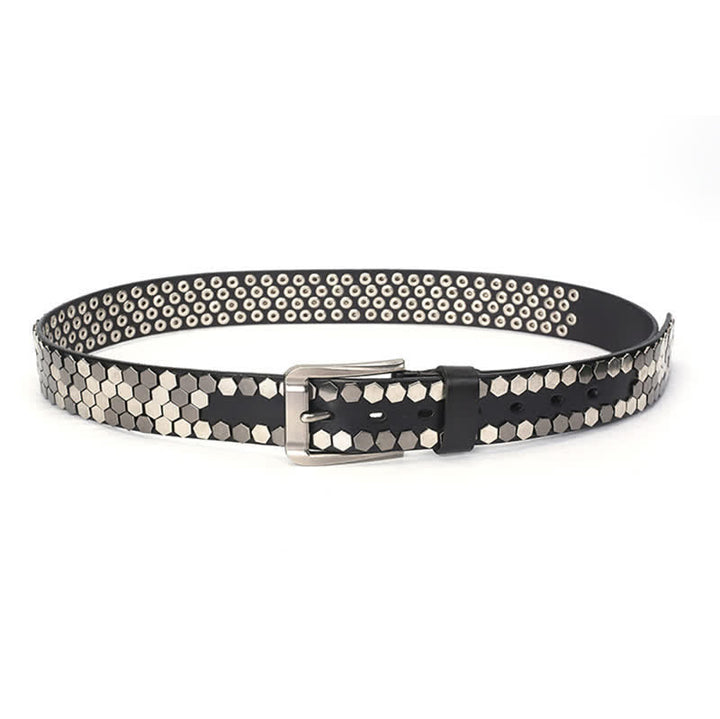 Cinturón unisex de cuero con tachuelas y remaches hexagonales