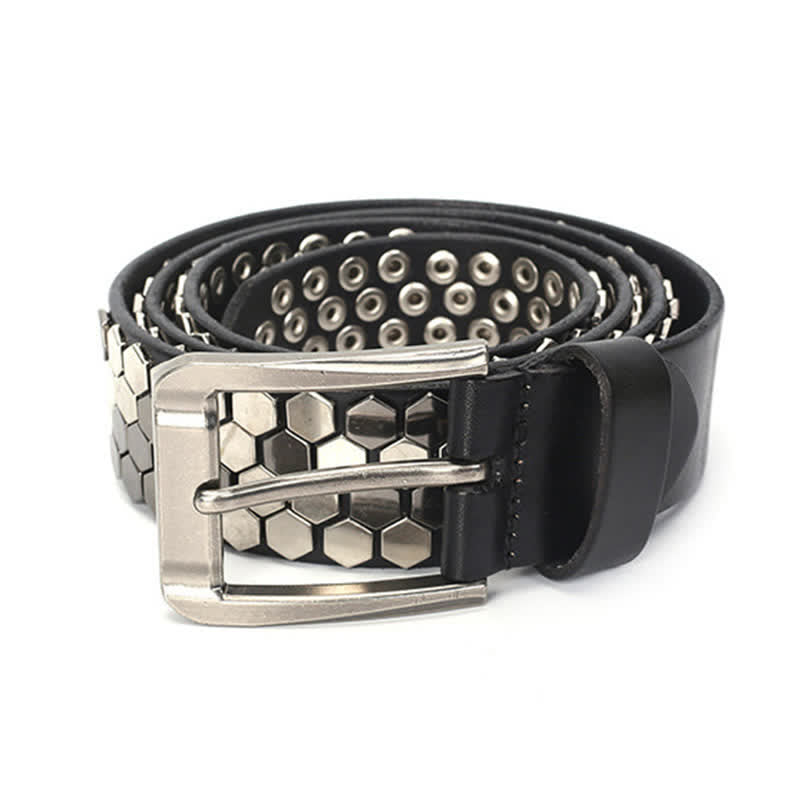 Cinturón unisex de cuero con tachuelas y remaches hexagonales