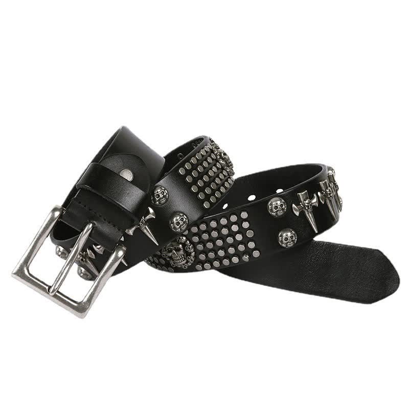 Cinturón de cuero unisex con tachuelas cruzadas y cabeza de calavera