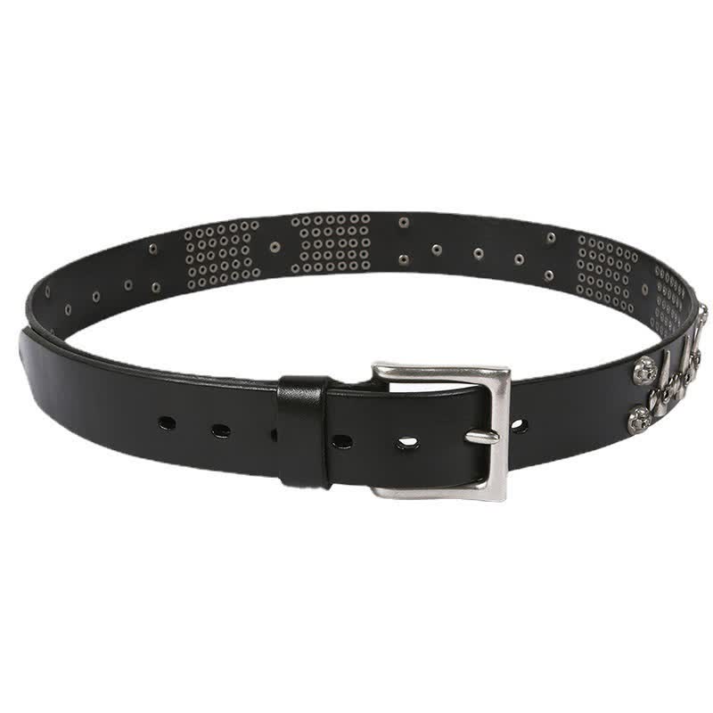 Cinturón de cuero unisex con tachuelas cruzadas y cabeza de calavera