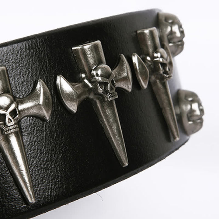 Cinturón de cuero unisex con tachuelas cruzadas y cabeza de calavera