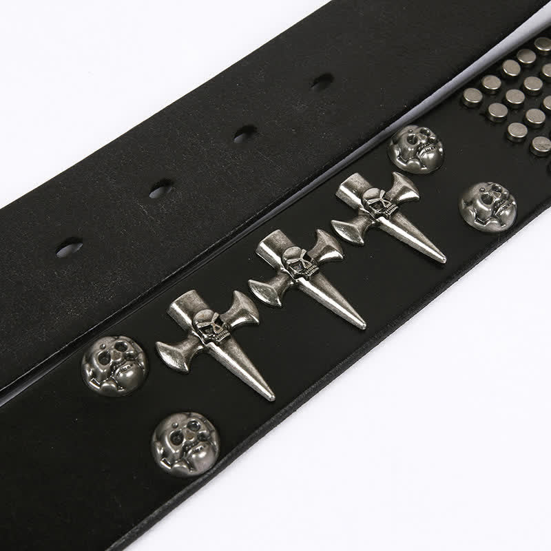 Cinturón de cuero unisex con tachuelas cruzadas y cabeza de calavera