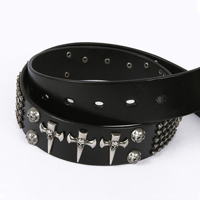 Cinturón de cuero unisex con tachuelas cruzadas y cabeza de calavera