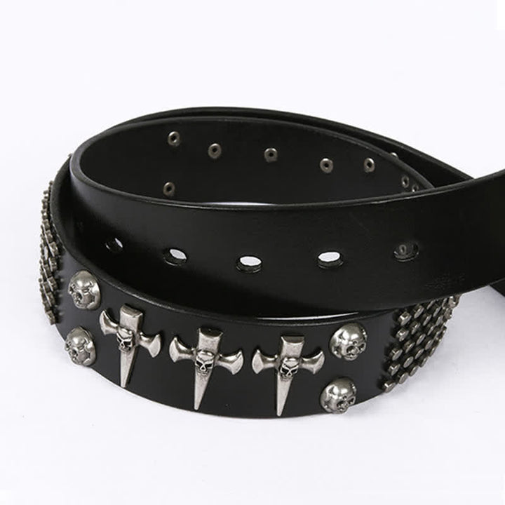 Cinturón de cuero unisex con tachuelas cruzadas y cabeza de calavera
