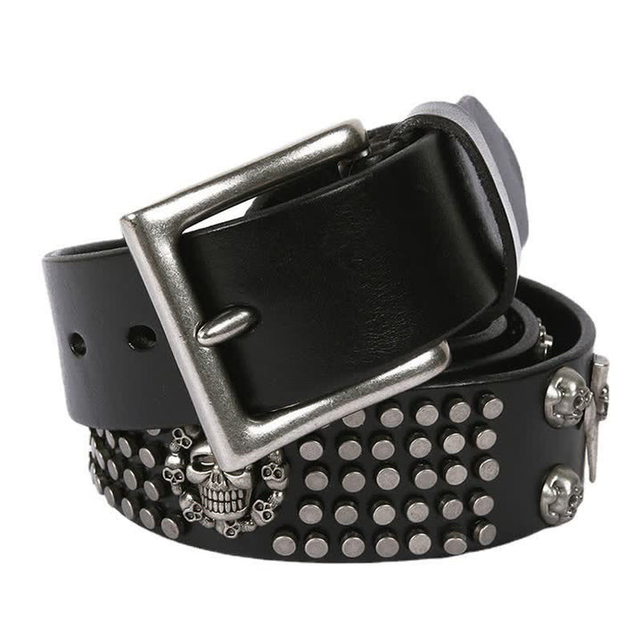 Cinturón de cuero unisex con tachuelas cruzadas y cabeza de calavera