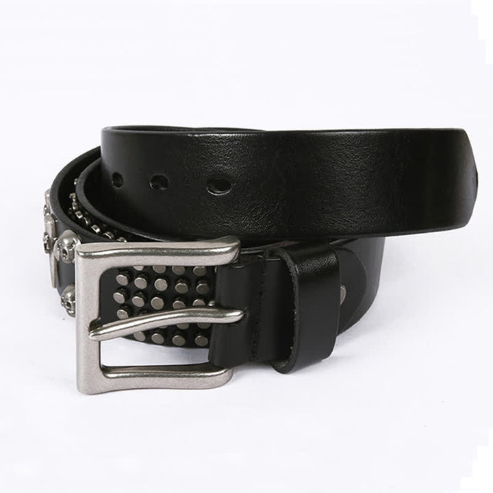 Cinturón de cuero unisex con tachuelas cruzadas y cabeza de calavera