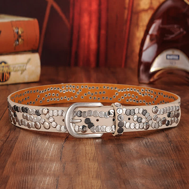 Cinturón de cuero con tachuelas y placa de metal elegante para mujer
