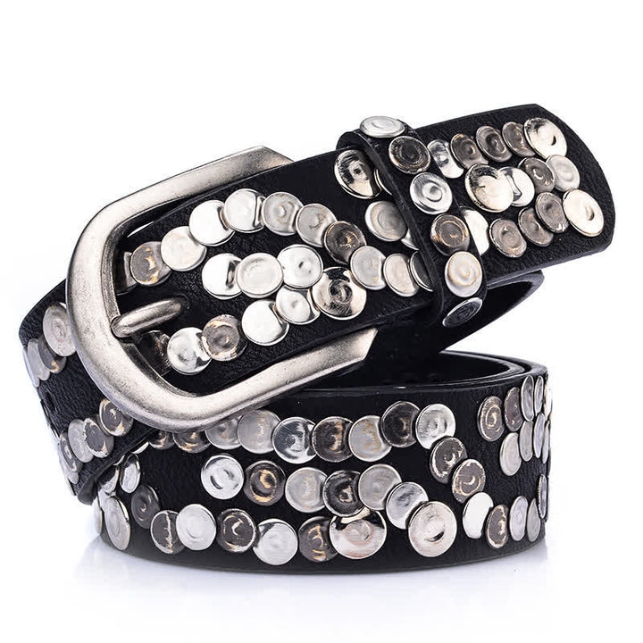 Cinturón de cuero con tachuelas y placa de metal elegante para mujer
