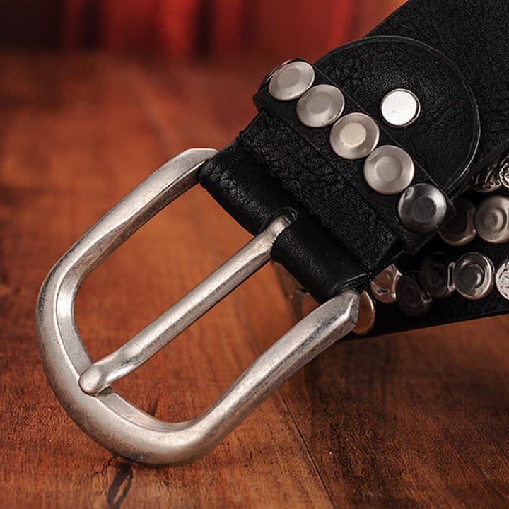 Cinturón de cuero con tachuelas y placa de metal elegante para mujer