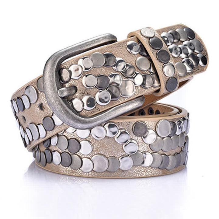 Cinturón de cuero con tachuelas y placa de metal elegante para mujer