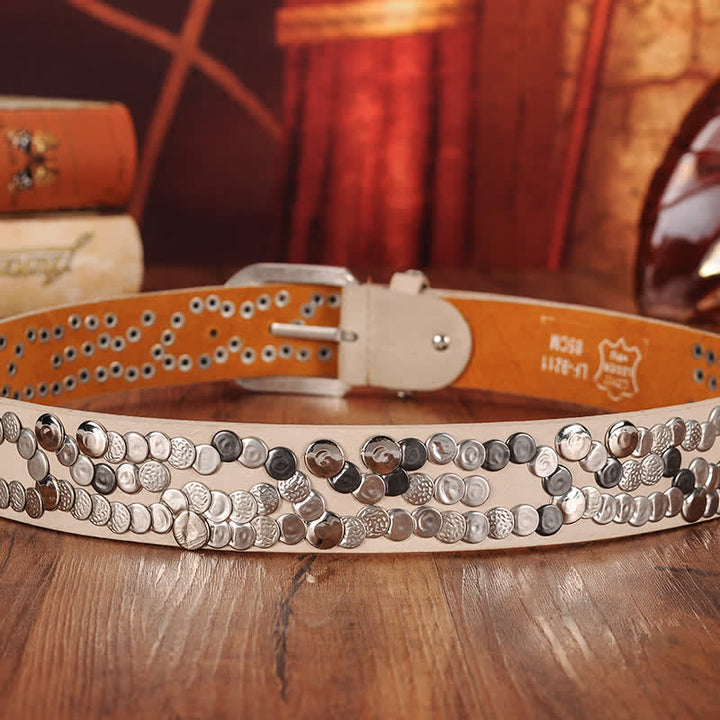 Cinturón de cuero con tachuelas y placa de metal elegante para mujer