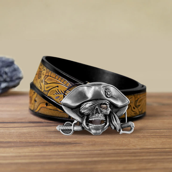 Cinturón de cuero con hebilla pirata y calavera estilo punk para hombre