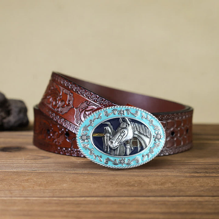 Cinturón de cuero con hebilla esmaltada y cabeza de caballo para hombre hecho a mano