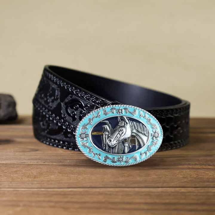 Cinturón de cuero con hebilla esmaltada y cabeza de caballo para hombre hecho a mano