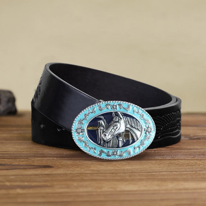 Cinturón de cuero con hebilla esmaltada y cabeza de caballo para hombre hecho a mano